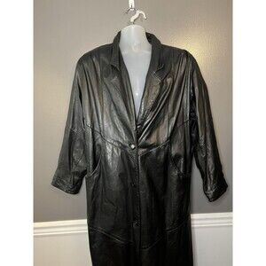 Vintage AVANTI Leather Coat Womens Medium Black Long Duster 3/4 Sleeve Lined 80s